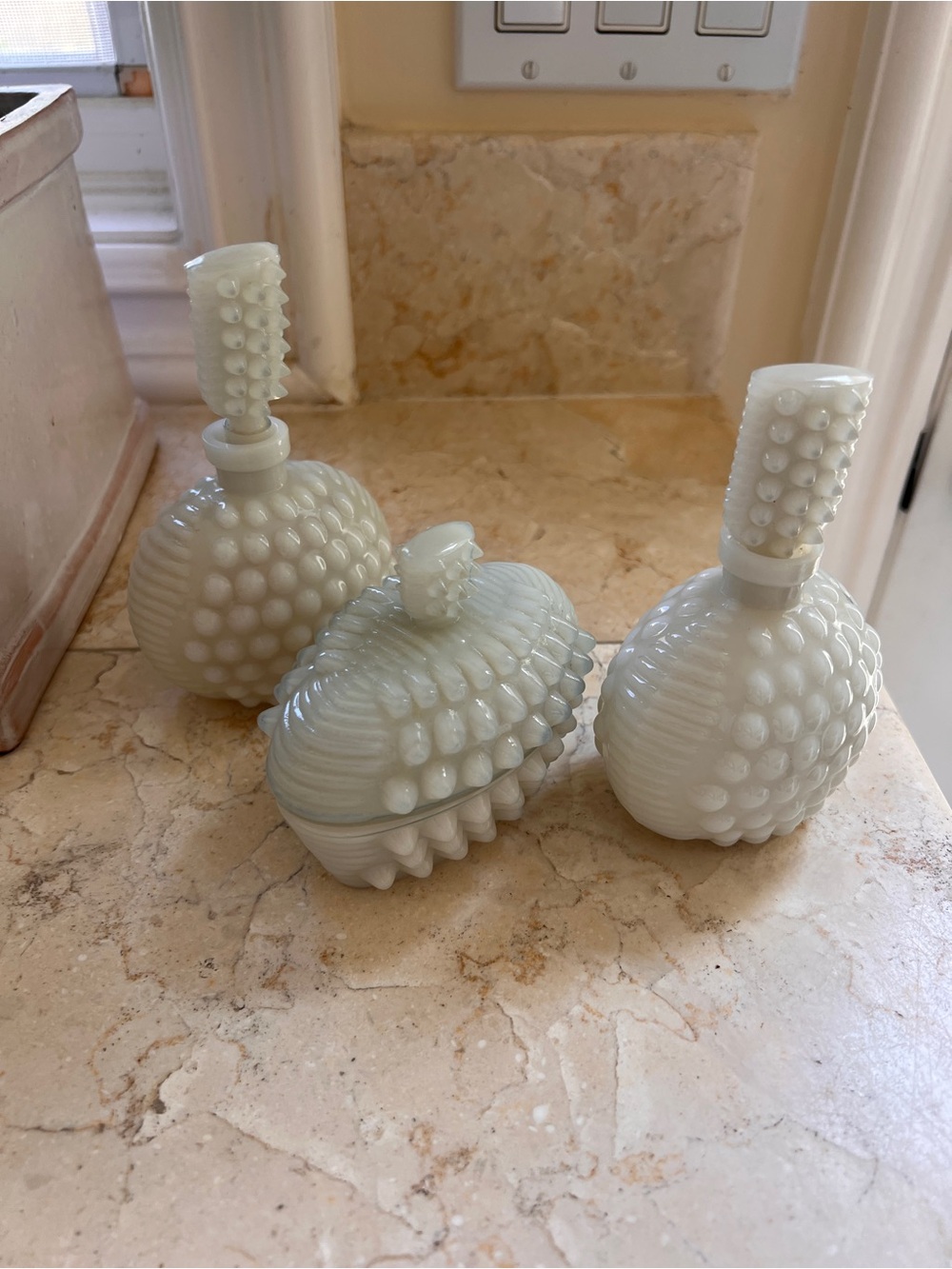 Vintage Irice Italian Milk Glass Hobnail Vanity Set – 3 Piece - Picture 2 of 4